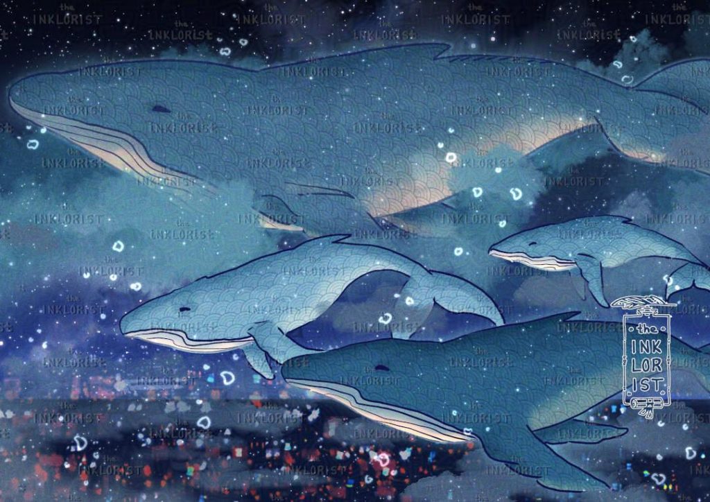 Whales swimming through the sky